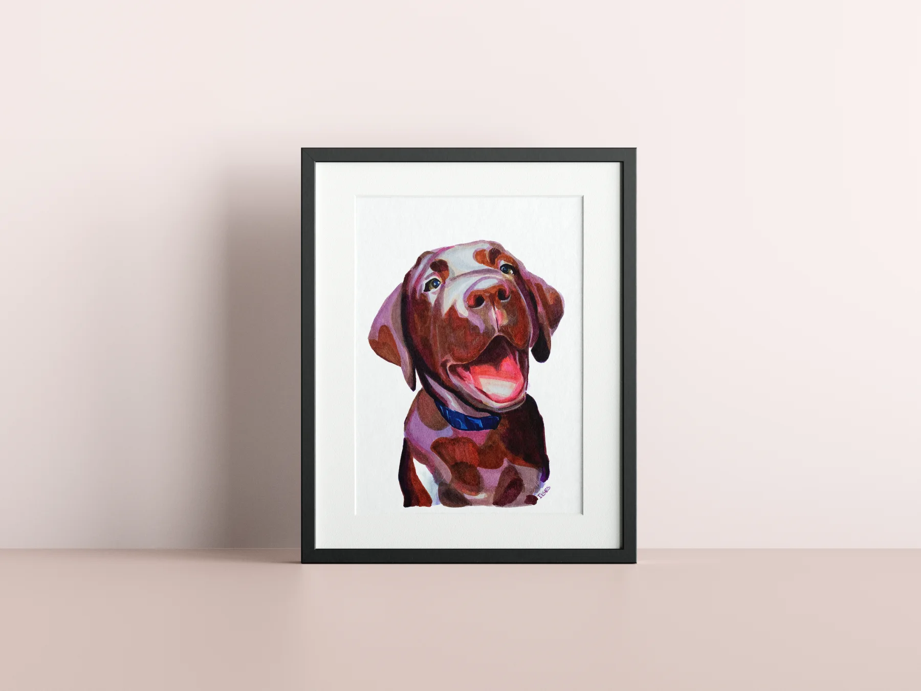 Bruin hondenportret in houten lijst